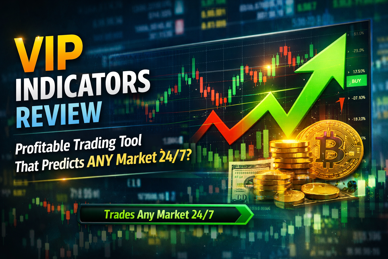 Vip Indicators review banner showing trading charts and market prediction signals for a 24/7 trading indicator tool