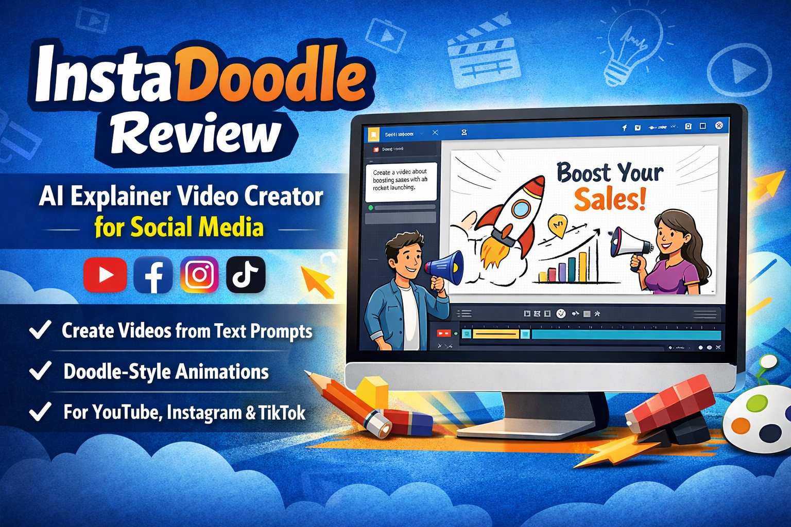 InstaDoodle AI explainer video creator review banner showing doodle-style animation tool for YouTube, Instagram, Facebook, and TikTok content creation